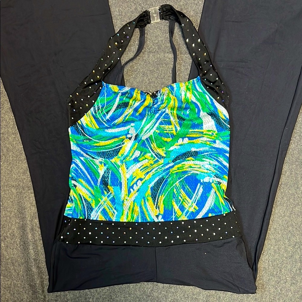 Jazzy Abstract Strappy Retro 80s Spandex Dance Unitard XL NWOT